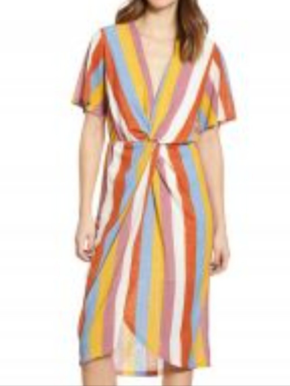 Almost Famous Dress Faux Wrap Pull On  Multi-Colored Stripe Small Midi